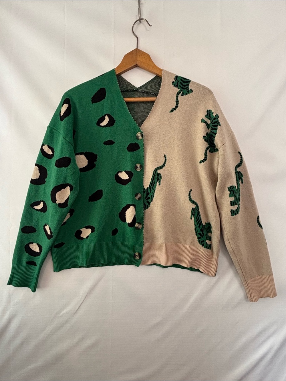 Green and Beige Leopard Color Block Cardigan Size Small